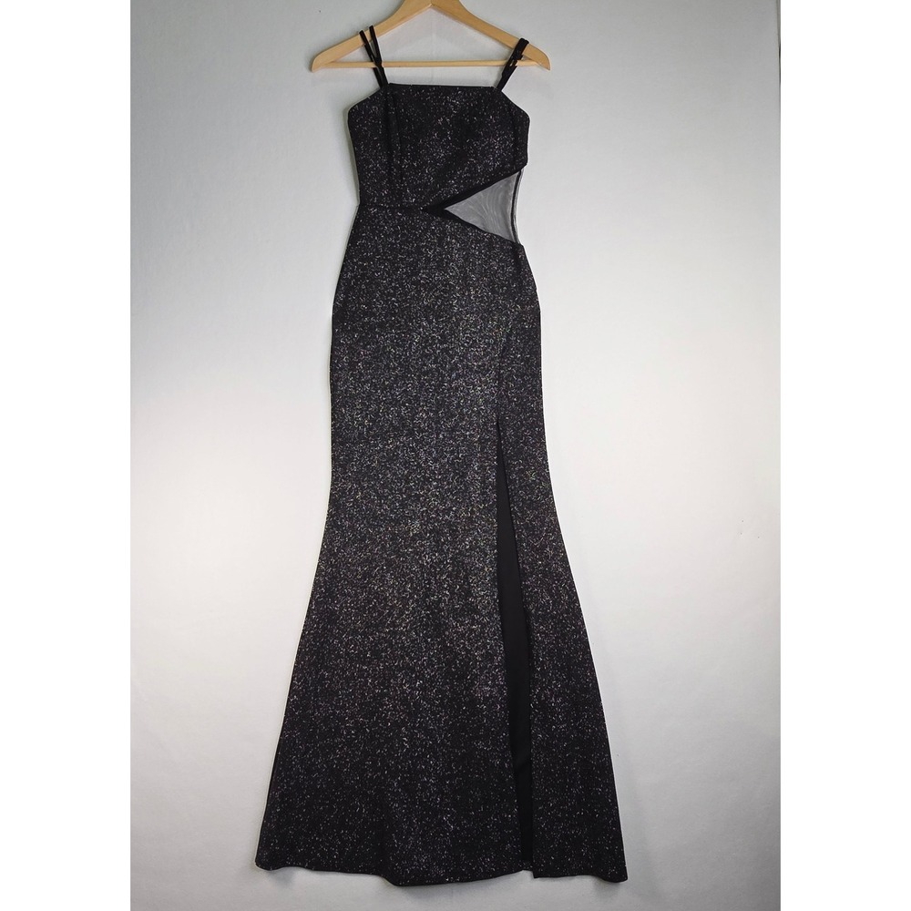 Black Pink Glitter Mesh Cutout High Slit Formal Mermaid Gown Prom Dress